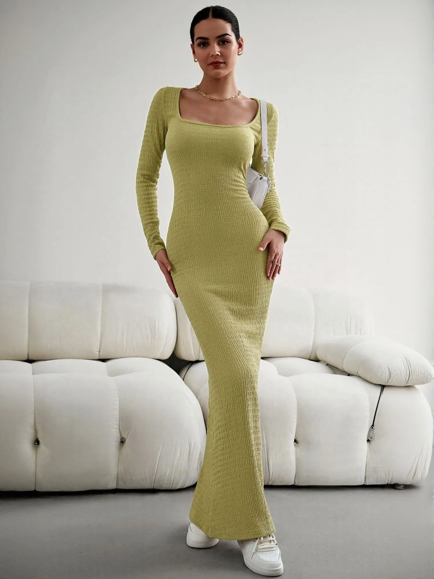Lime Square Neck Textured Maxi Dress