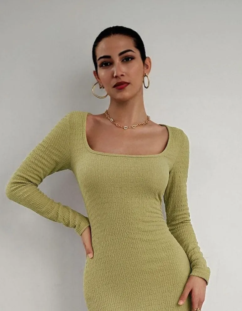 Lime Square Neck Textured Maxi Dress
