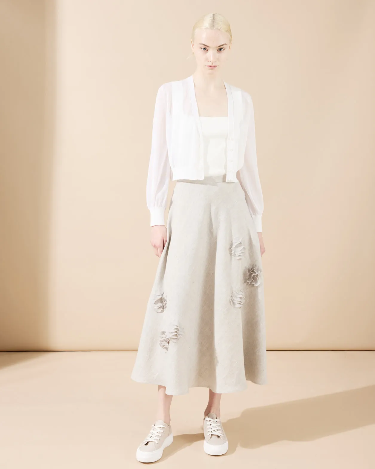 Linen Midi Skirt with 3D Carnation Detail