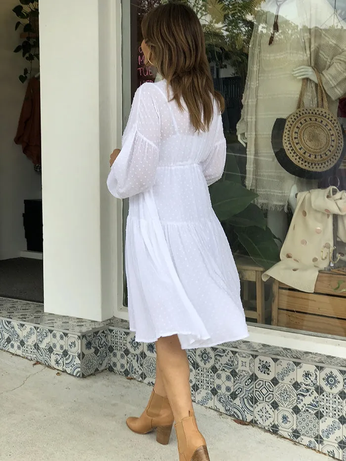 Longsleeve Drawstring Dress - White Dot