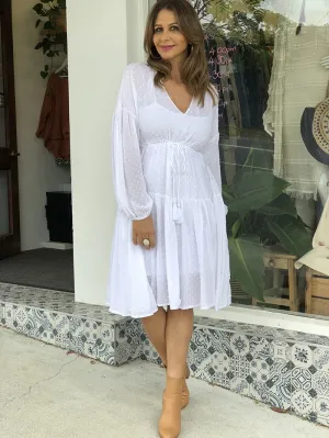 Longsleeve Drawstring Dress - White Dot