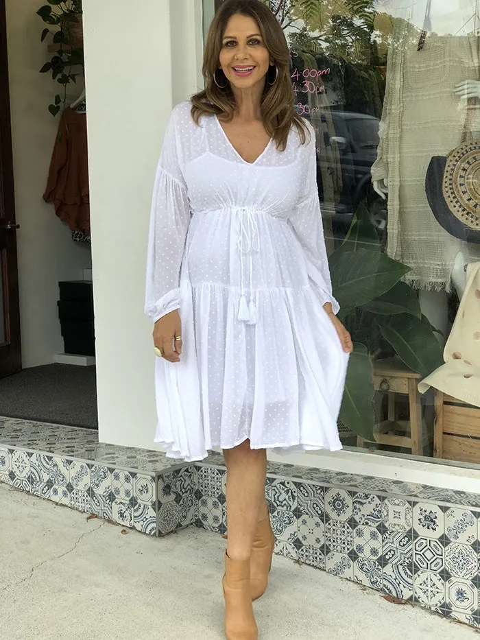 Longsleeve Drawstring Dress - White Dot