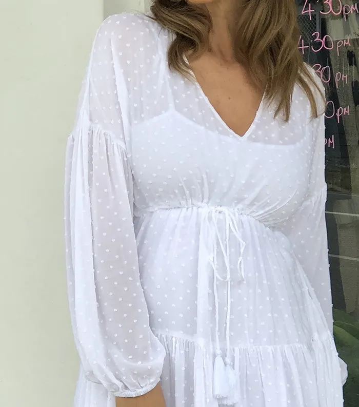 Longsleeve Drawstring Dress - White Dot