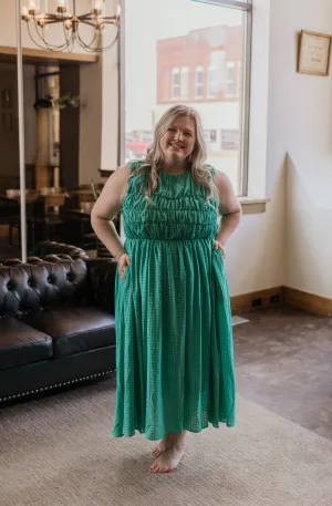 MASYN REG/CURVY GREEN TEXTURED MIDI DRESS