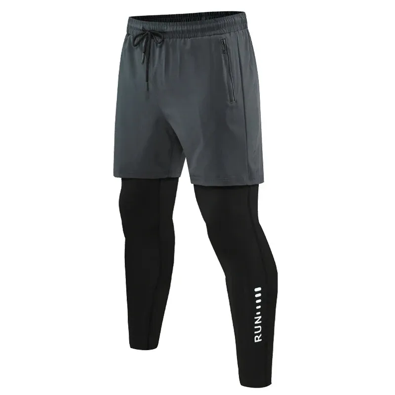 Mens Gym Running Compression 2 in 1 Double-deck Leggings Sports Quick Dry Tights
