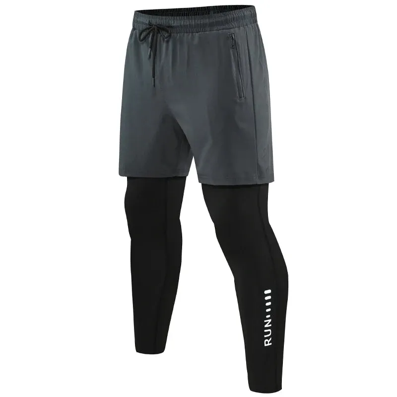 Mens Gym Running Compression 2 in 1 Double-deck Leggings Sports Quick Dry Tights
