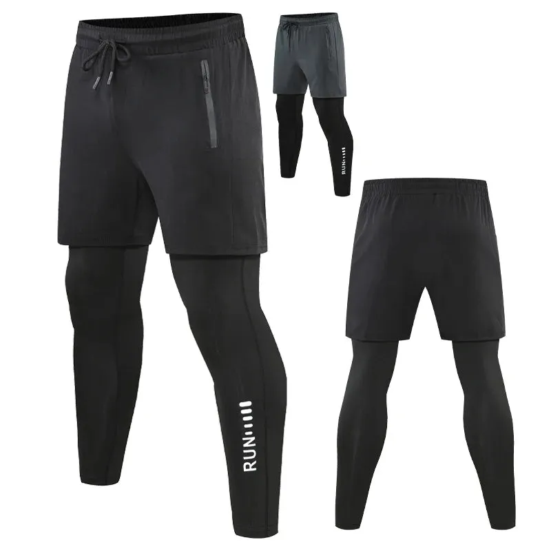 Mens Gym Running Compression 2 in 1 Double-deck Leggings Sports Quick Dry Tights