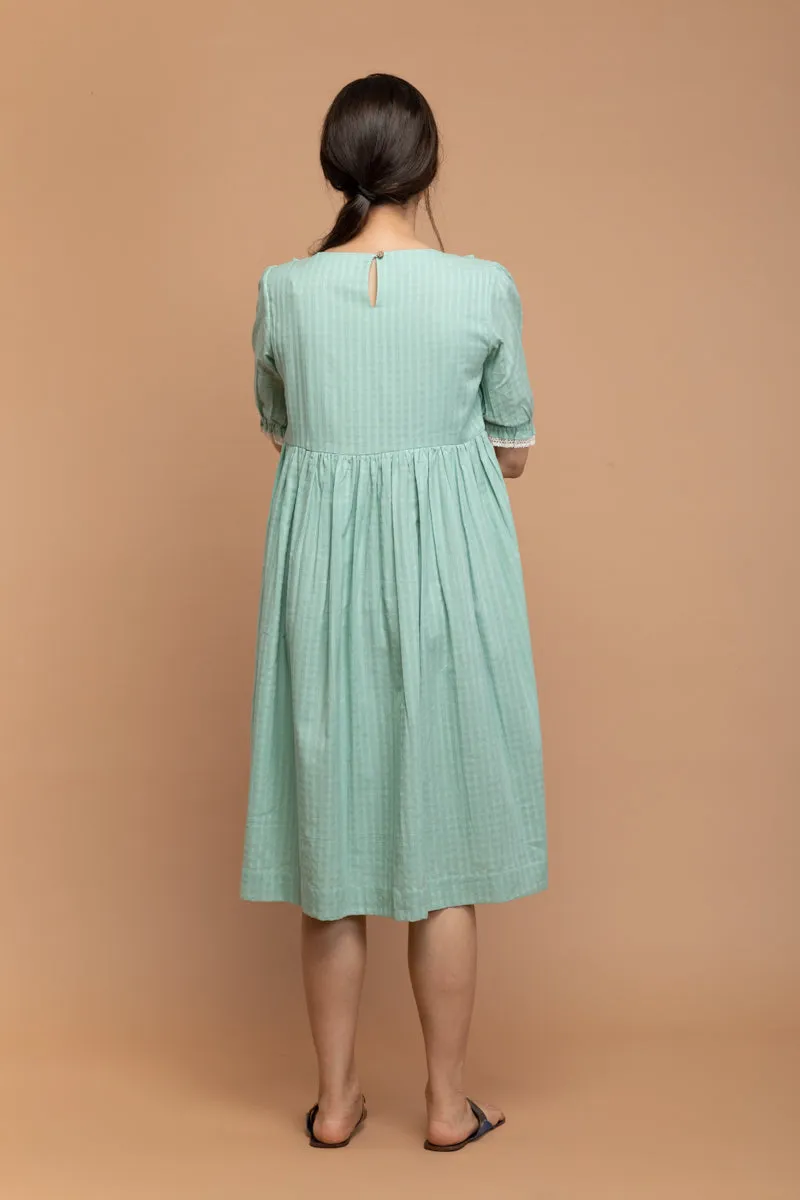 Mint Green Frill Dress in Textured Cotton Dobby