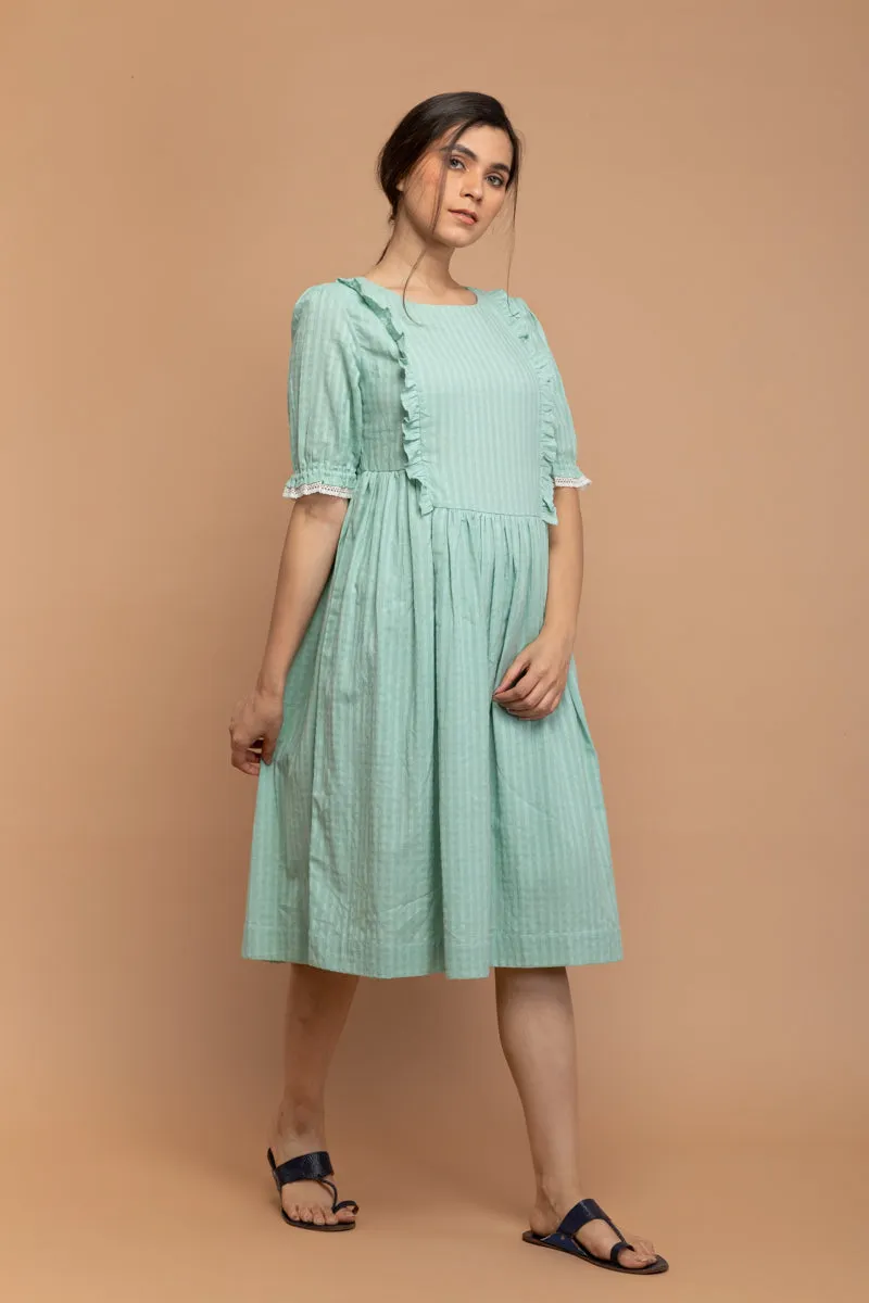 Mint Green Frill Dress in Textured Cotton Dobby