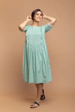 Mint Green Frill Dress in Textured Cotton Dobby