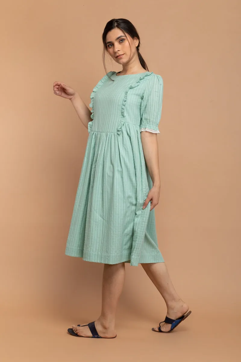 Mint Green Frill Dress in Textured Cotton Dobby