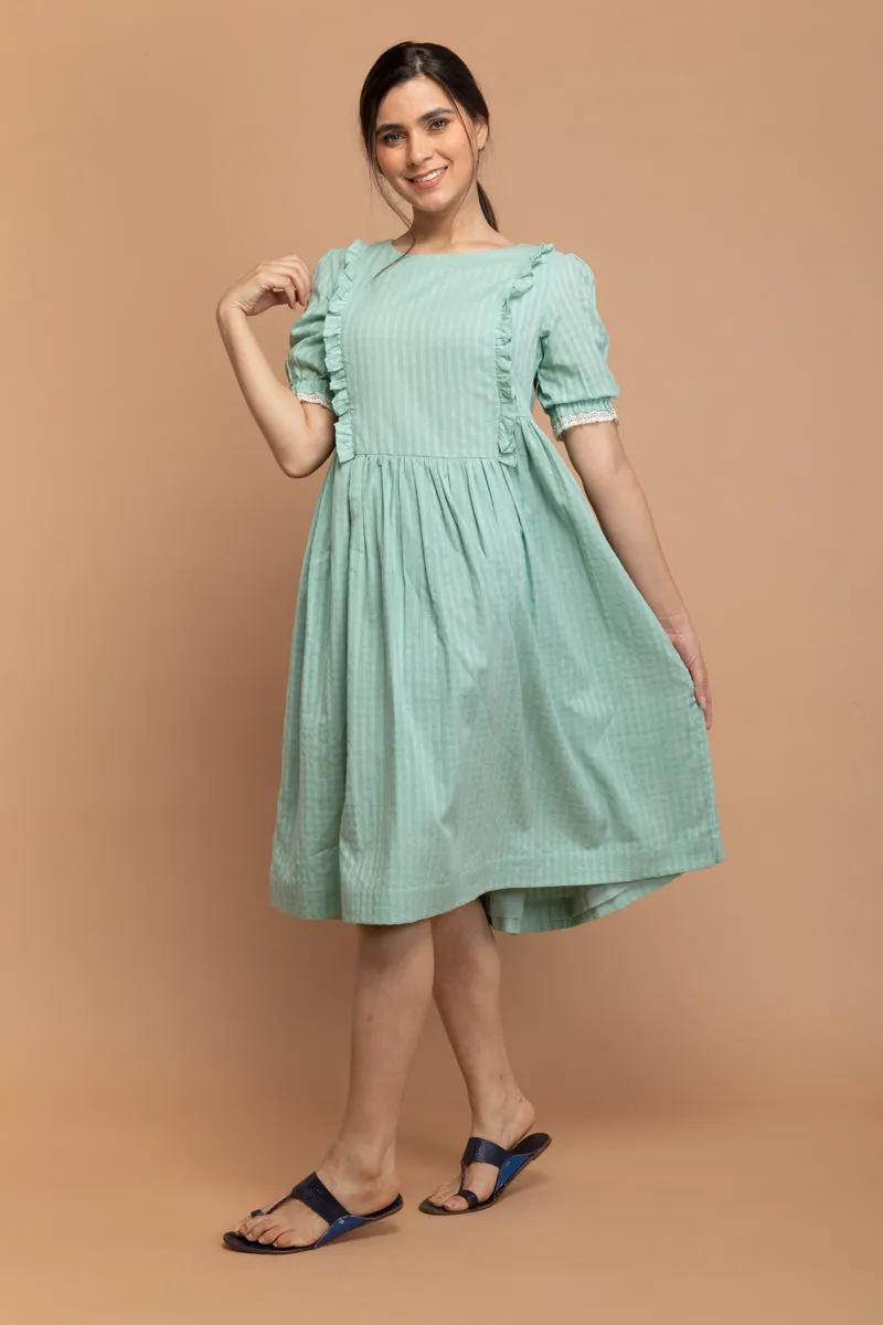 Mint Green Frill Dress in Textured Cotton Dobby