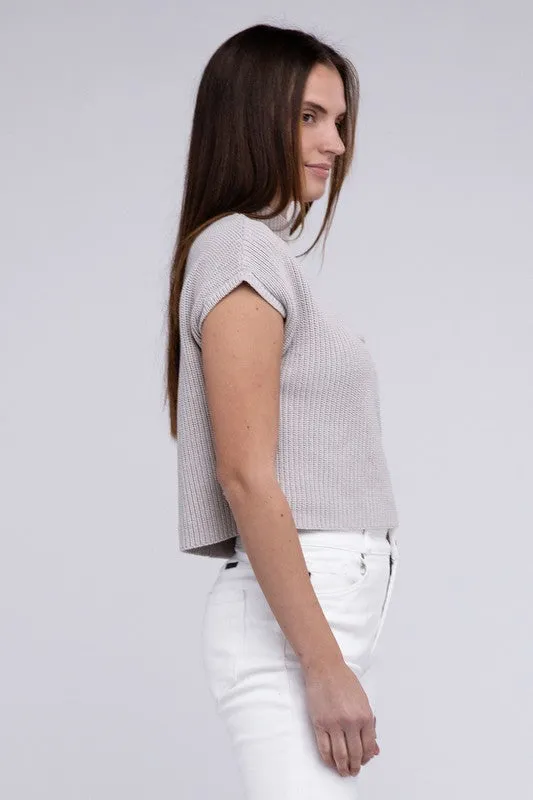 Mock Neck Short Sleeve Cropped Sweater, Zenana