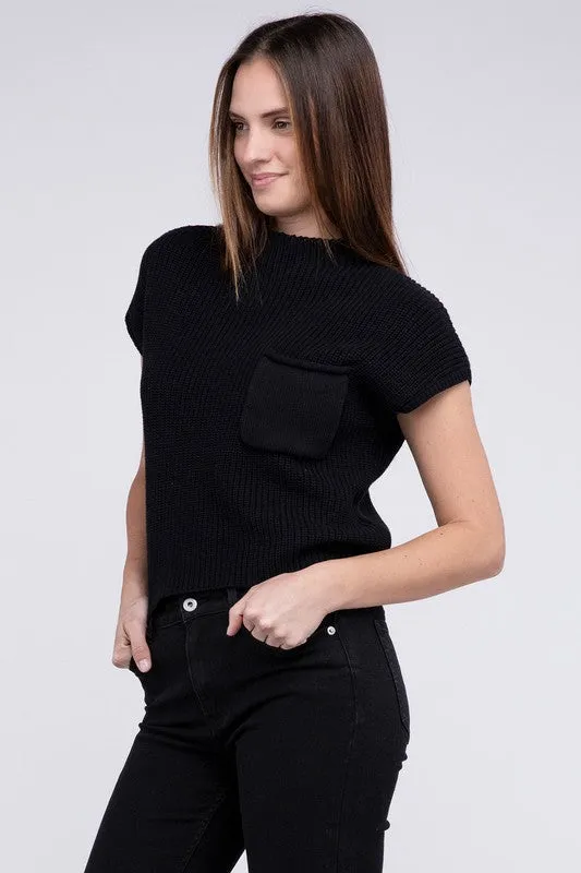 Mock Neck Short Sleeve Cropped Sweater, Zenana