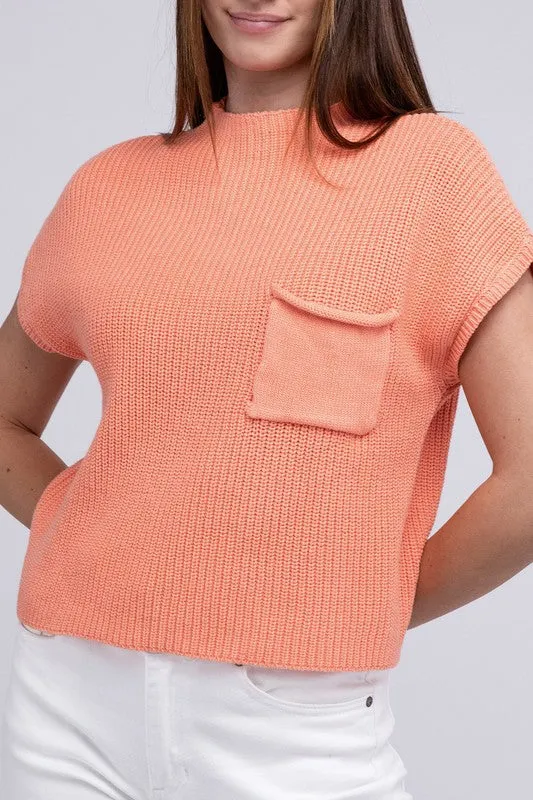 Mock Neck Short Sleeve Cropped Sweater, Zenana
