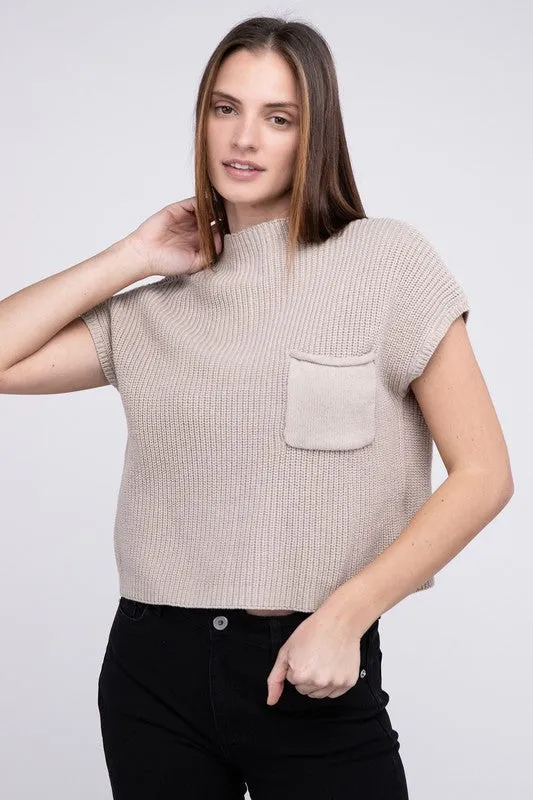 Mock Neck Short Sleeve Cropped Sweater, Zenana