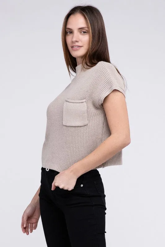 Mock Neck Short Sleeve Cropped Sweater, Zenana