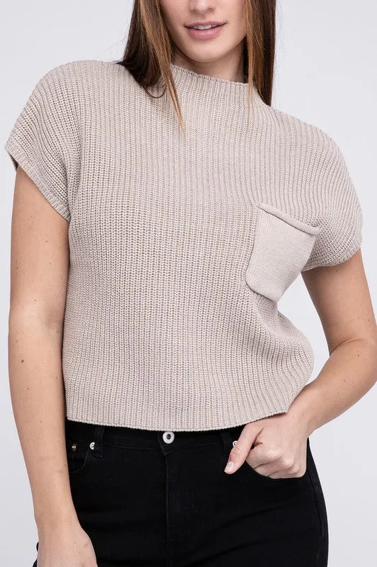 Mock Neck Short Sleeve Cropped Sweater, Zenana