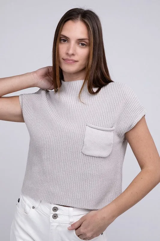 Mock Neck Short Sleeve Cropped Sweater, Zenana