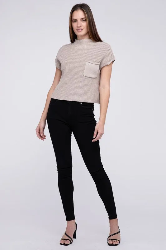 Mock Neck Short Sleeve Cropped Sweater, Zenana