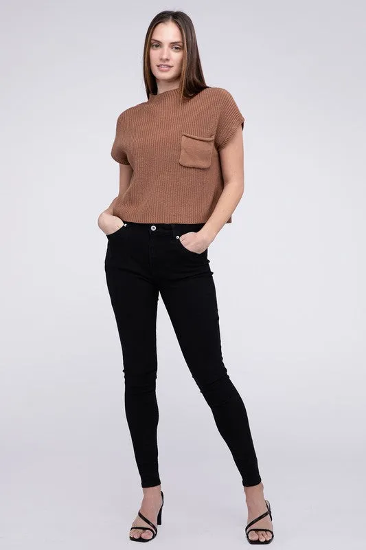 Mock Neck Short Sleeve Cropped Sweater, Zenana