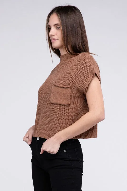 Mock Neck Short Sleeve Cropped Sweater, Zenana