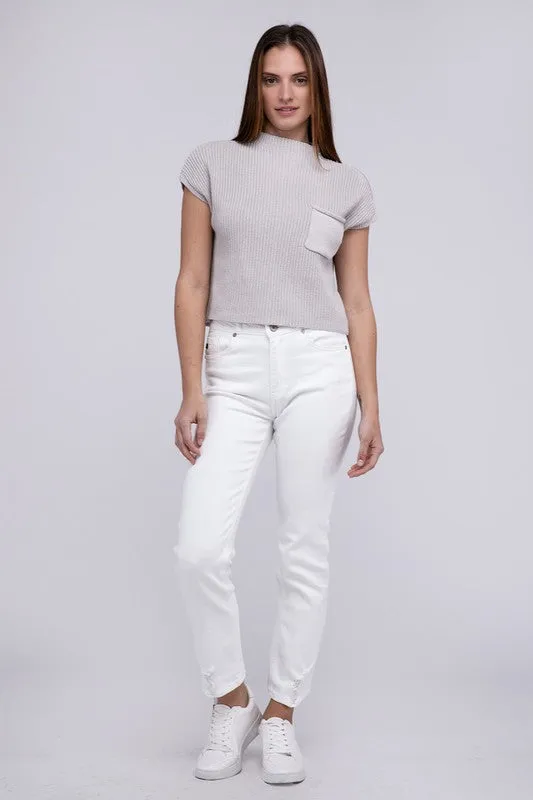 Mock Neck Short Sleeve Cropped Sweater, Zenana