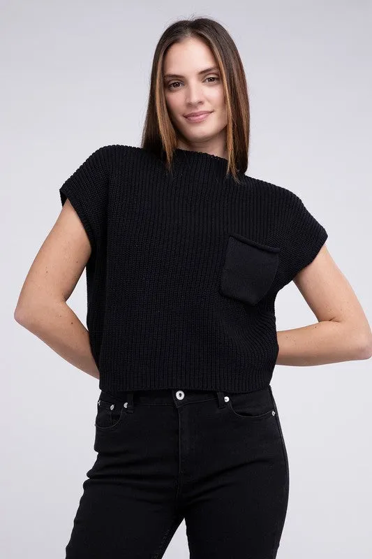 Mock Neck Short Sleeve Cropped Sweater, Zenana