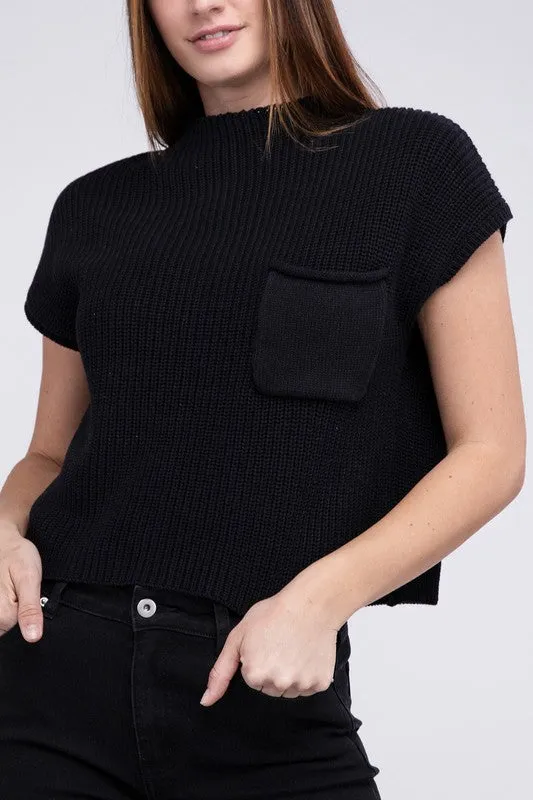 Mock Neck Short Sleeve Cropped Sweater, Zenana
