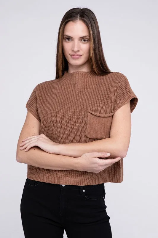 Mock Neck Short Sleeve Cropped Sweater, Zenana
