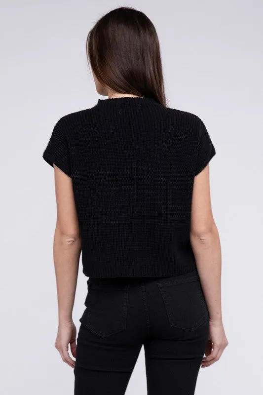 Mock Neck Short Sleeve Cropped Sweater, Zenana
