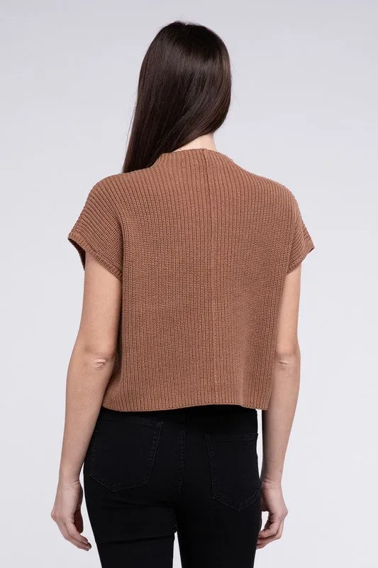 Mock Neck Short Sleeve Cropped Sweater, Zenana