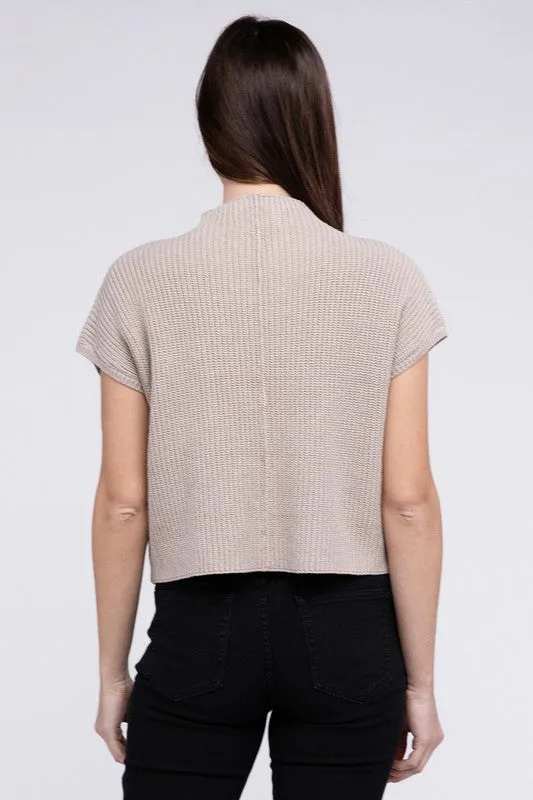 Mock Neck Short Sleeve Cropped Sweater, Zenana