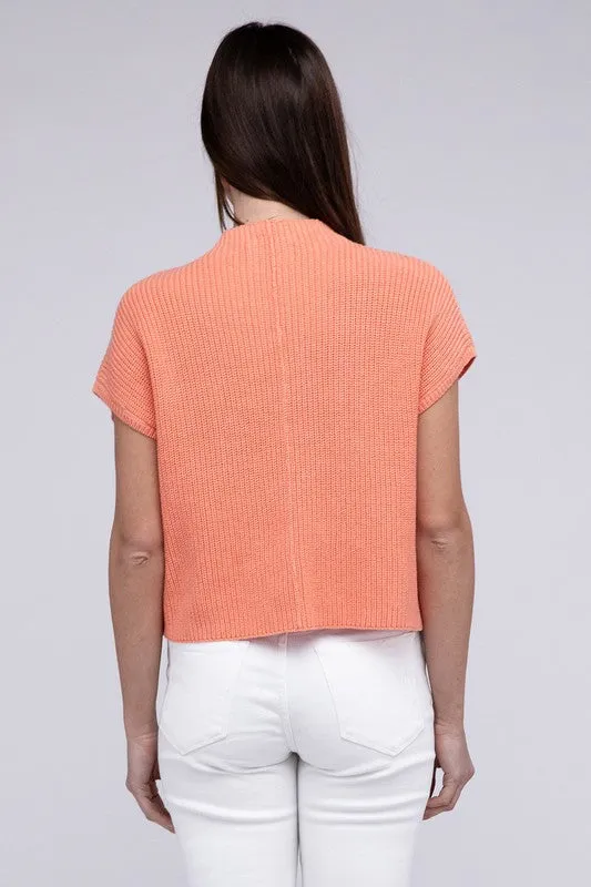 Mock Neck Short Sleeve Cropped Sweater, Zenana