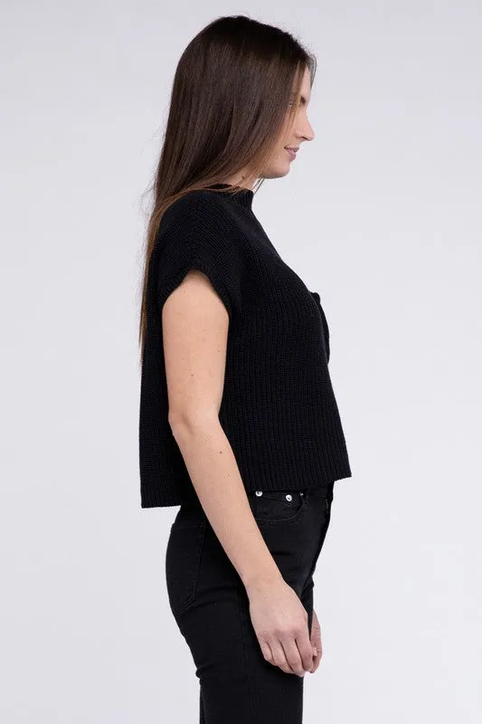 Mock Neck Short Sleeve Cropped Sweater, Zenana