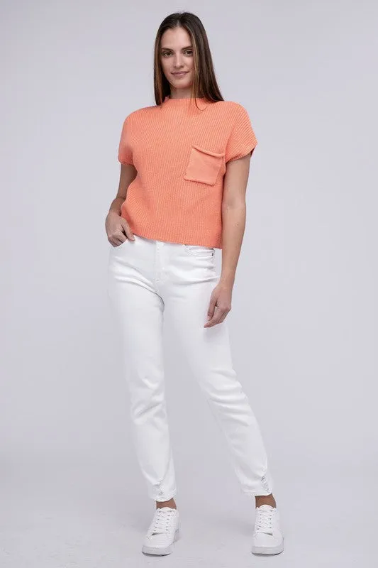 Mock Neck Short Sleeve Cropped Sweater, Zenana