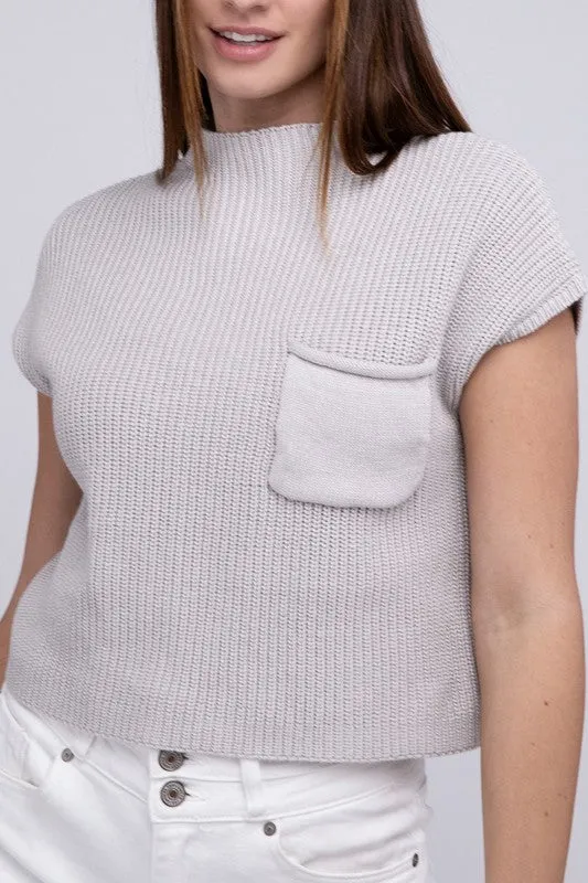 Mock Neck Short Sleeve Cropped Sweater, Zenana