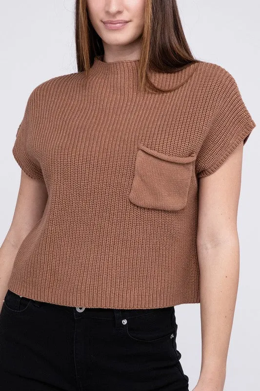 Mock Neck Short Sleeve Cropped Sweater, Zenana