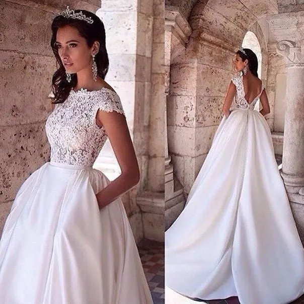 Modern A-line Lace&Satin Wedding Gown with Pockets