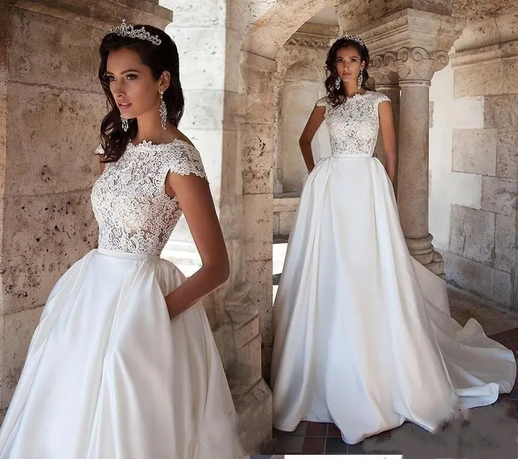 Modern A-line Lace&Satin Wedding Gown with Pockets