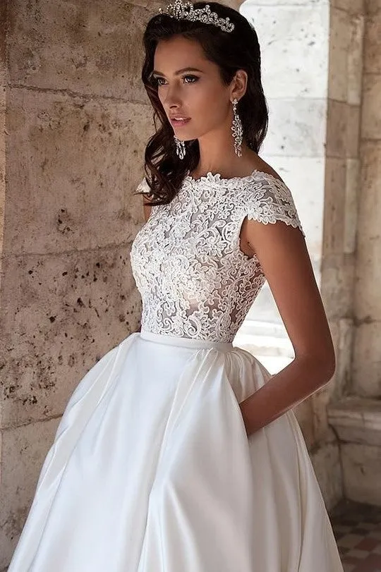 Modern A-line Lace&Satin Wedding Gown with Pockets
