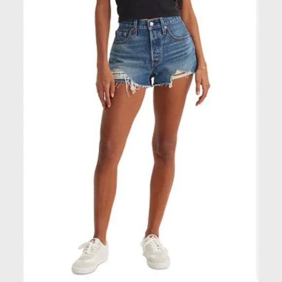 NEW Levi's Premium Women Sz 31 501 Button Fly High Rise Distressed Denim Shorts