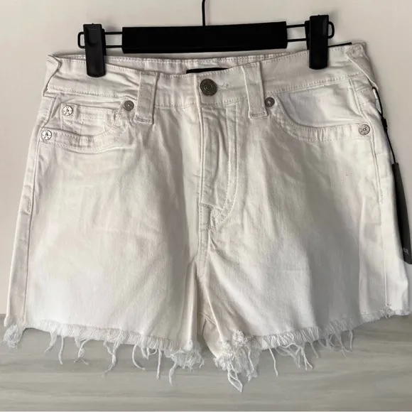 NWT TRUE RELIGION Maisie Vintage High Rise White Denim Fray Hem Jean Shorts