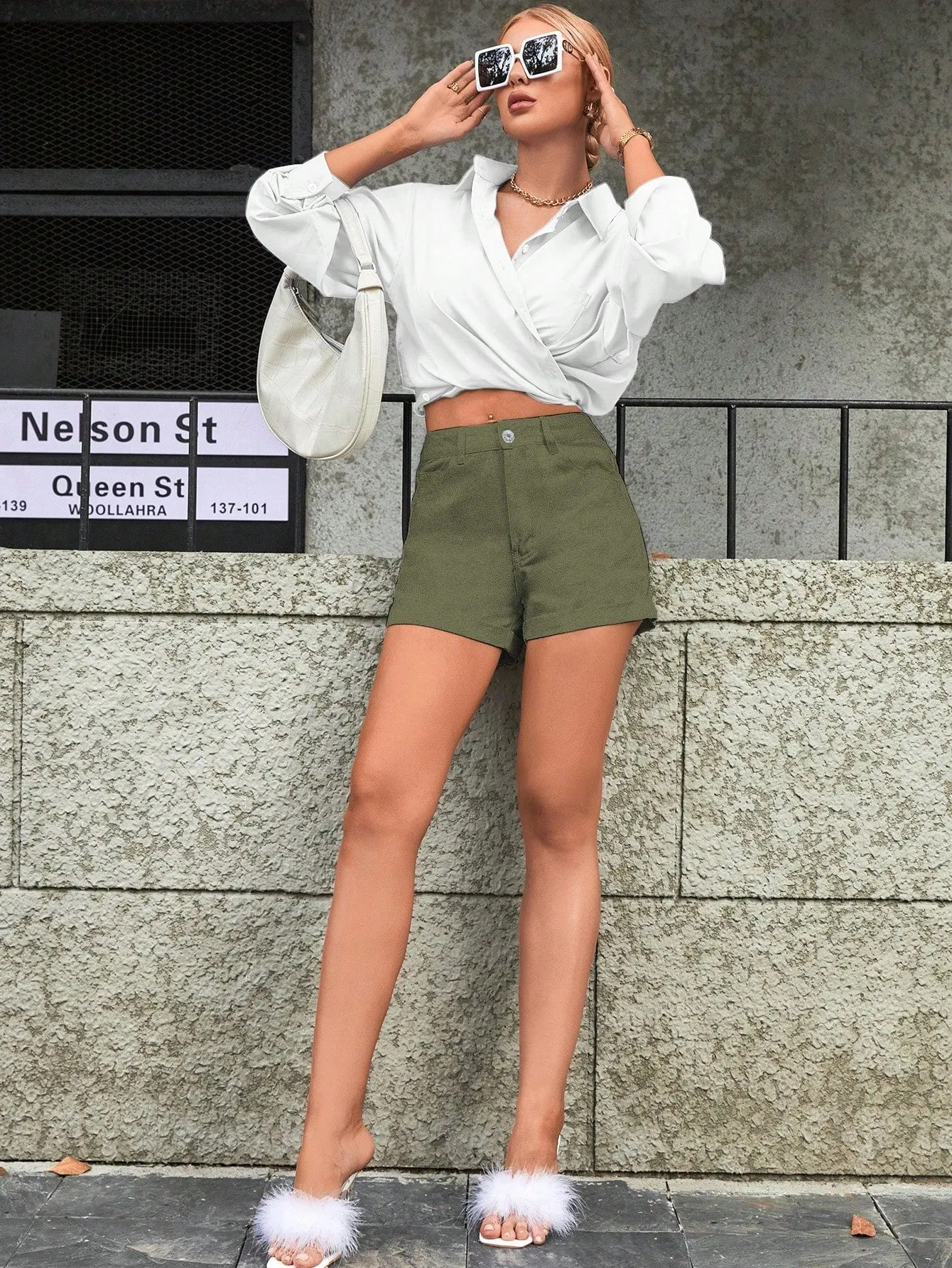 Olive Solid Fitted Shorts