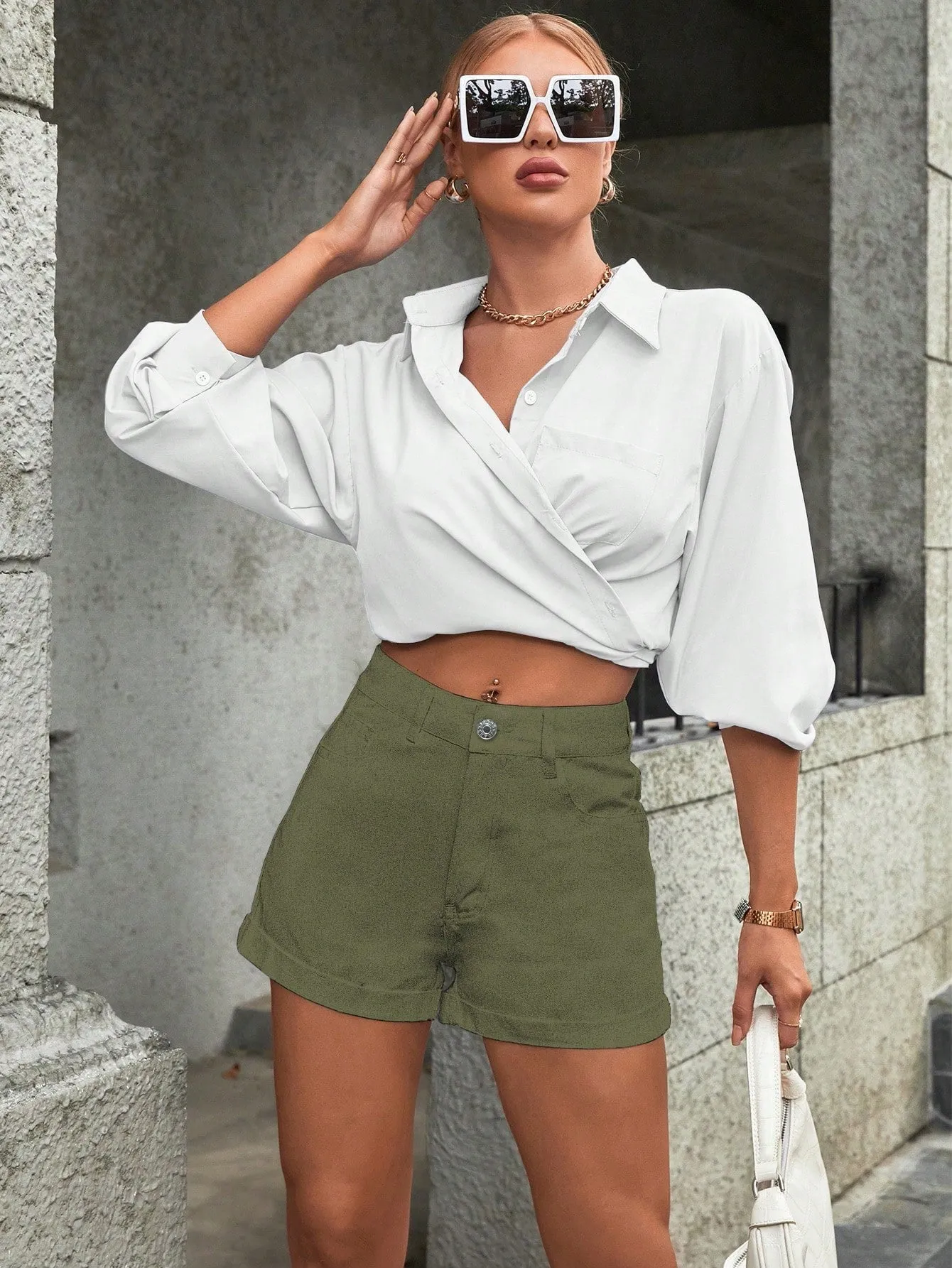 Olive Solid Fitted Shorts