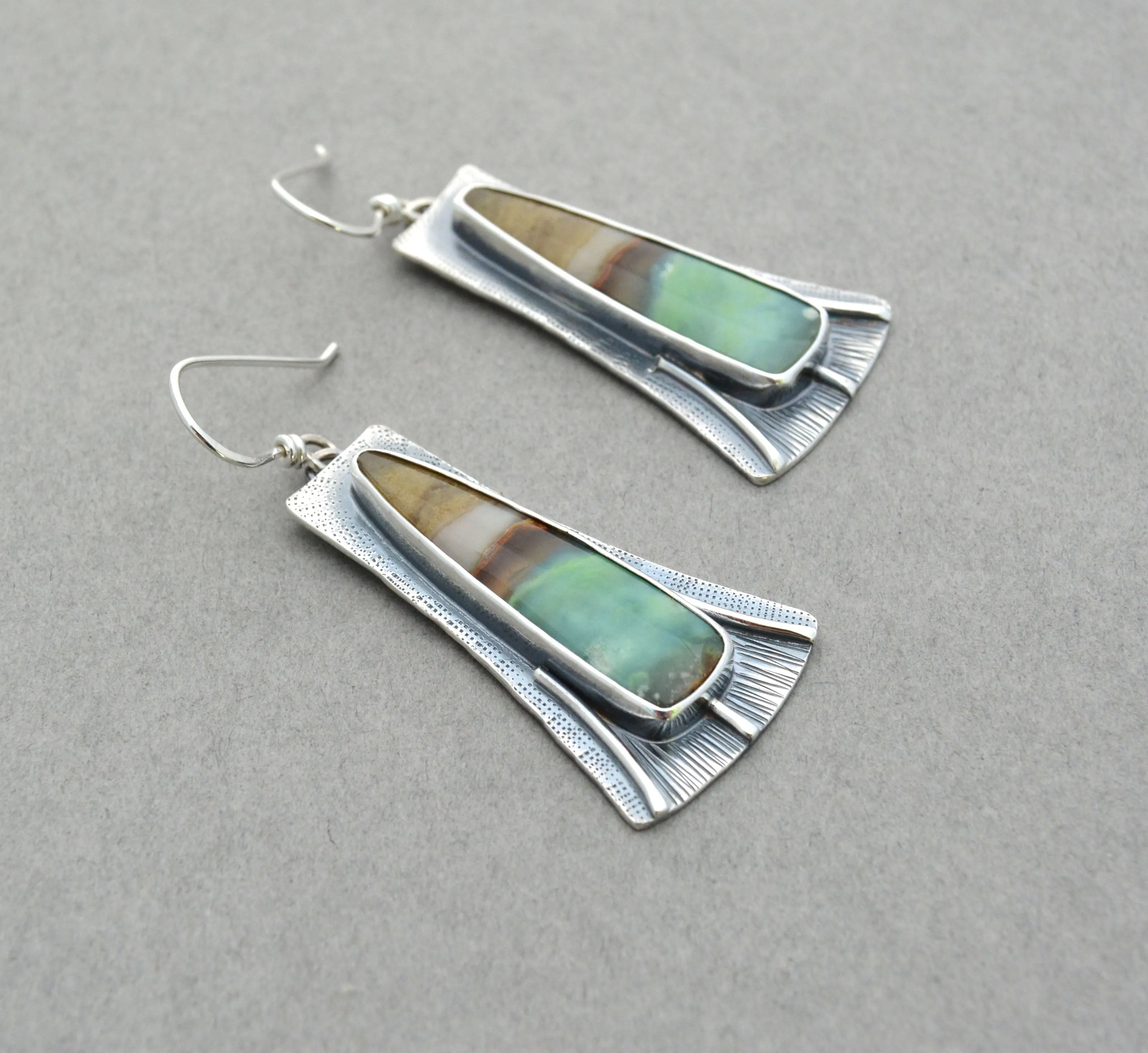Opalized Wood Flared Dangle Earrings.