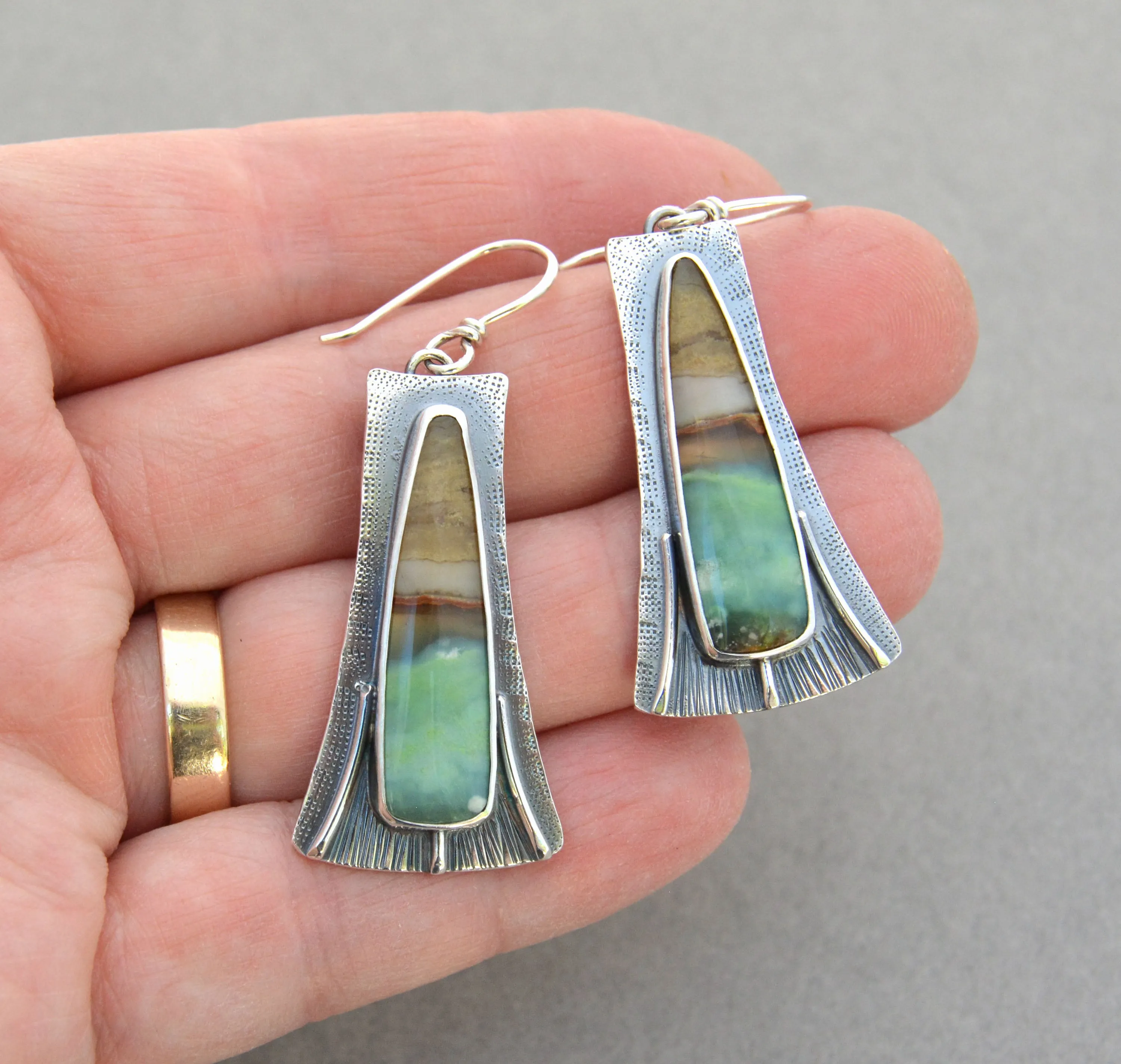 Opalized Wood Flared Dangle Earrings.