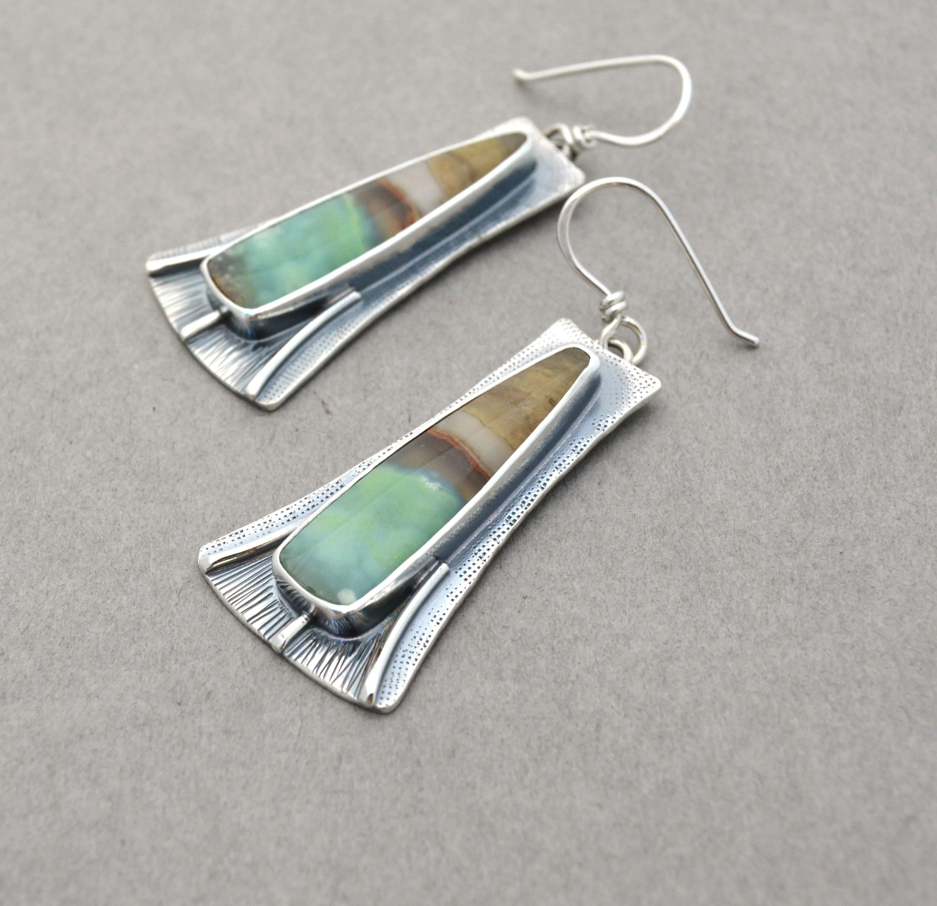 Opalized Wood Flared Dangle Earrings.
