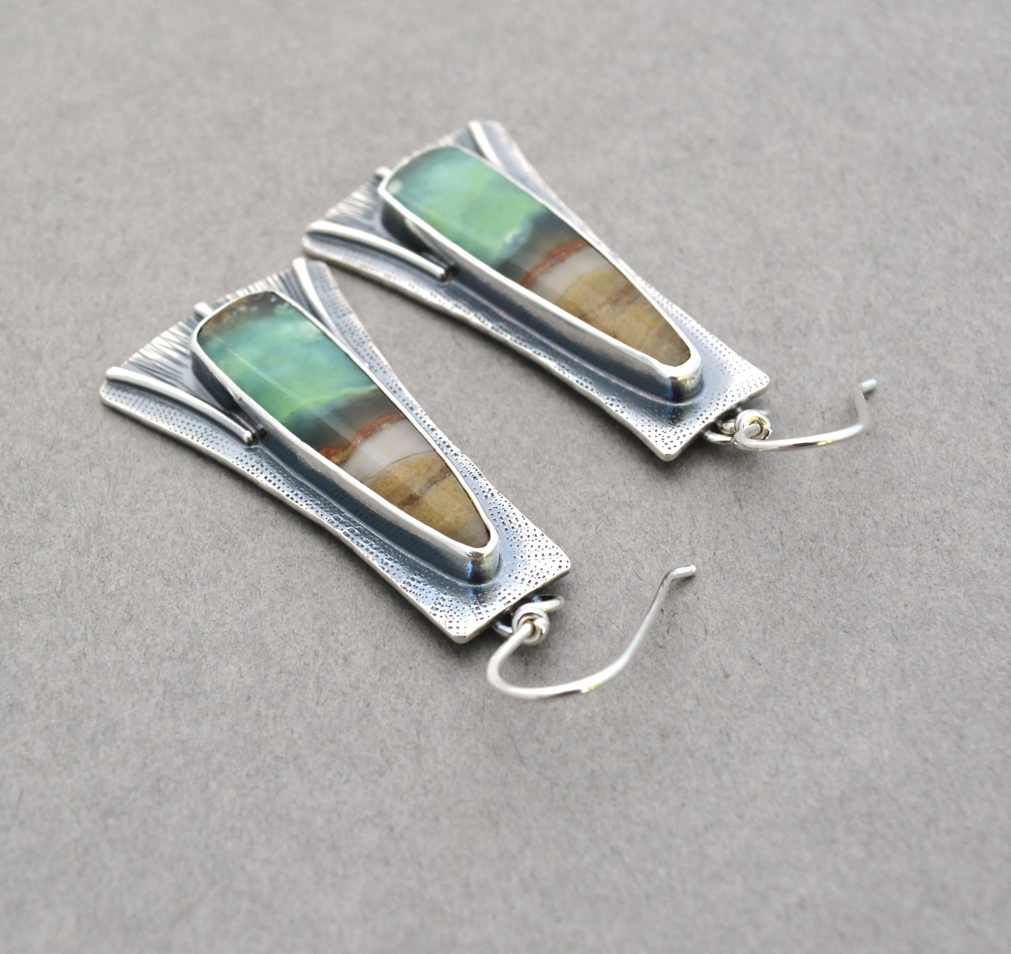 Opalized Wood Flared Dangle Earrings.
