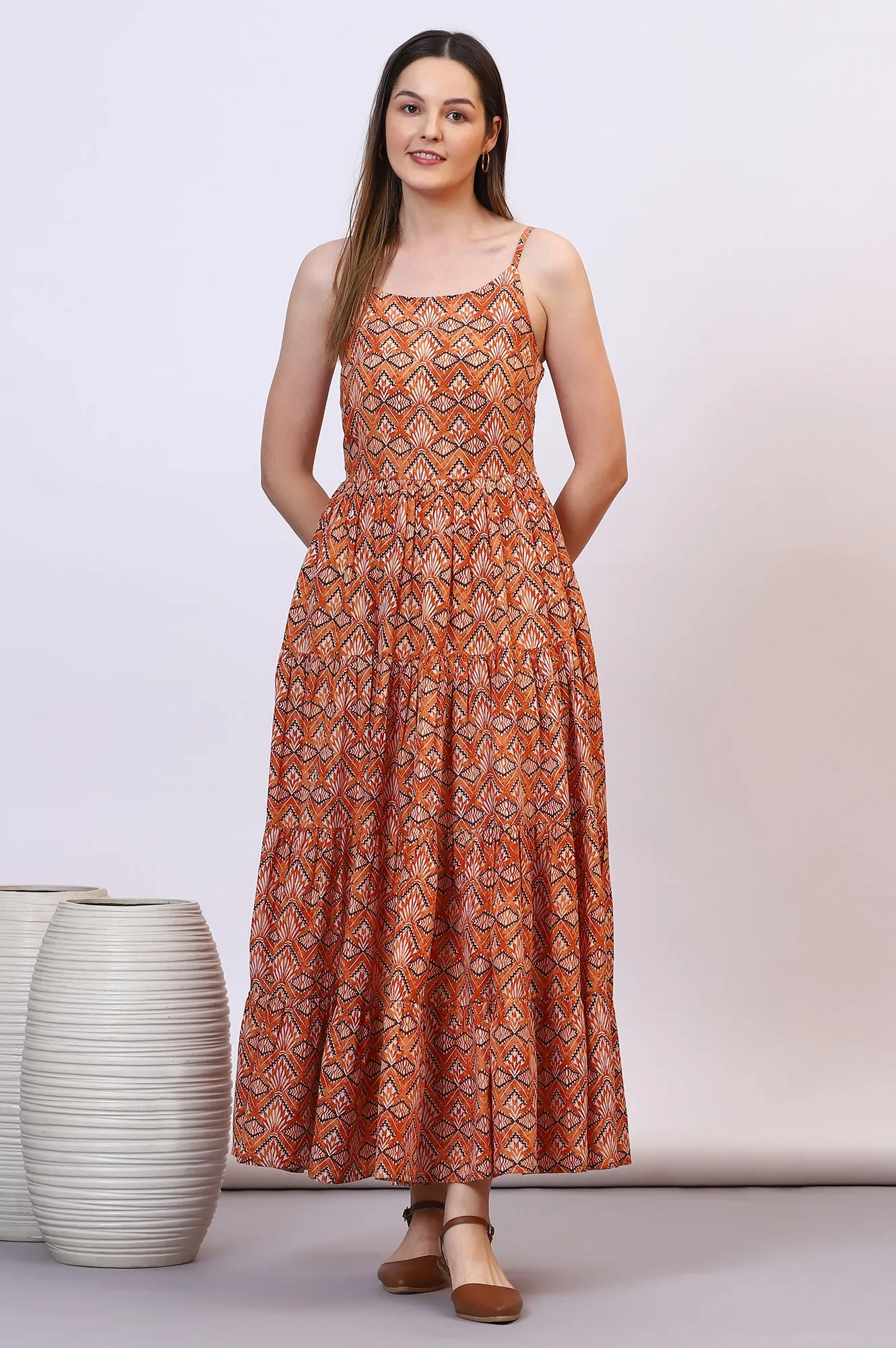 Orange Geometric Printed Pure Cotton Tiered Spaghetti Dress